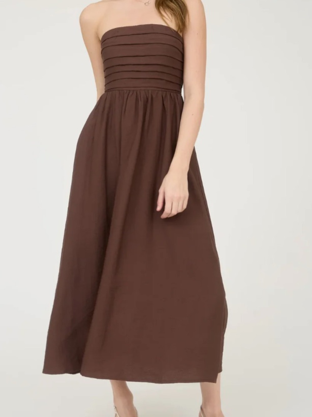 Brown Pleated Strapless Dress